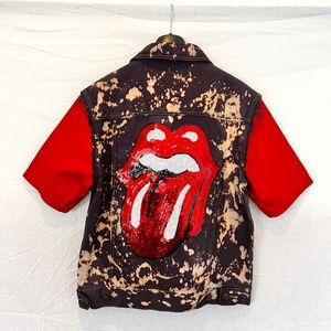 Rolling Stones - Red Leather & Tie Dyed Custom Denim Vest/Jacket - ONE OF A KIND